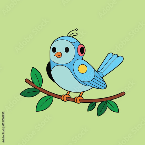 Cute robot bird on branch cartoon vector illustration,Generative Ai