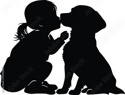 Adorable child and dog silhouette: Editable vector illustration of tender affection, heartwarming friendship, pure love.