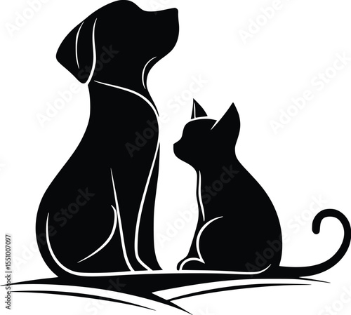 Elegant black silhouette: loyal dog and playful cat, peaceful companionship, pet adoption concept.