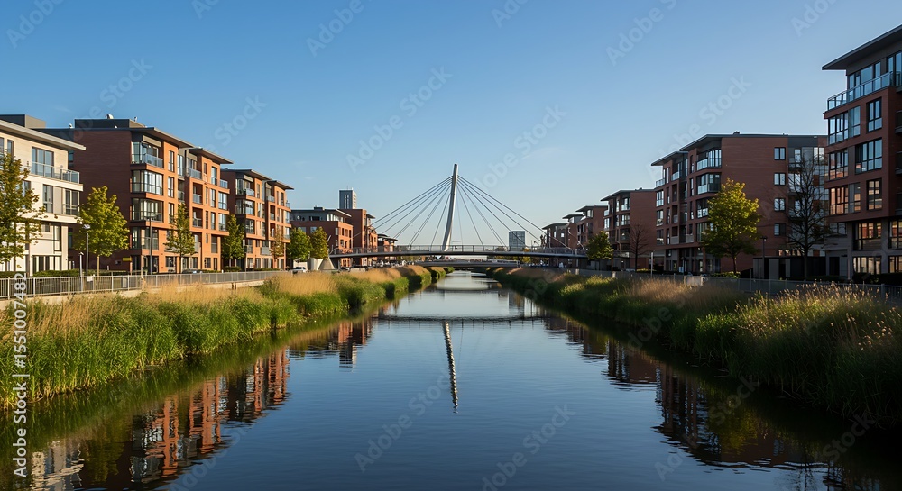 Fototapeta premium A striking view of a newly developed waterfront area, where architectural design blends seamlessly with natural elements, creating an inviting residential setting.