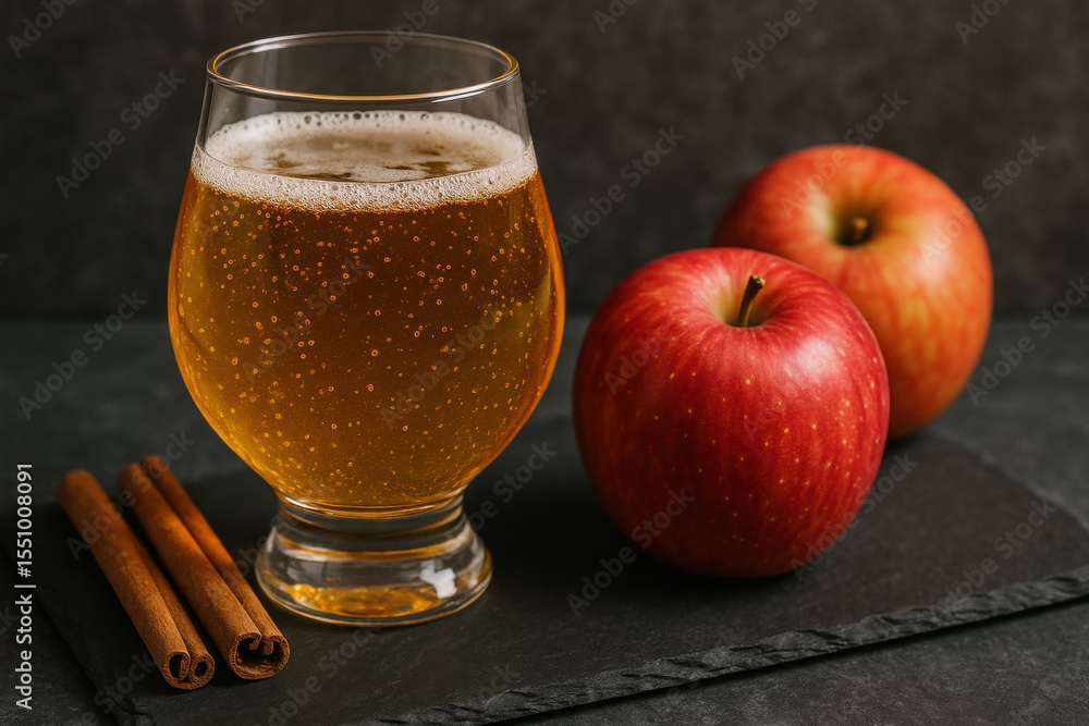 Refreshing apple cider with cinnamon sticks on slate table Refreshing apple cider with cinnamon sticks on slate table