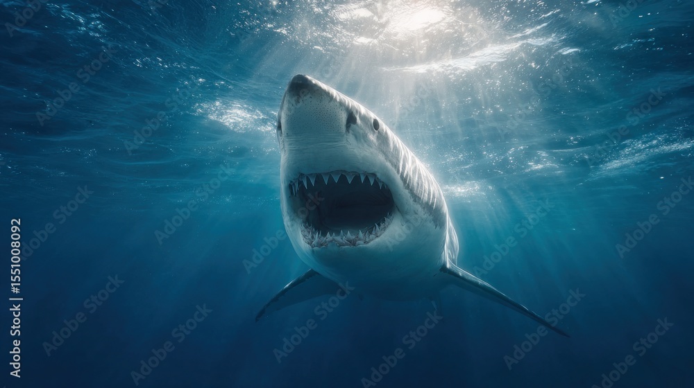Obraz premium Dramatic Close-Up of Great White Shark Swimming Toward Sunlit Ocean Surface