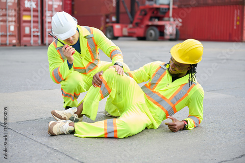 фотографія Industrial worker injured on site, his colleague providing immediate support, sy
