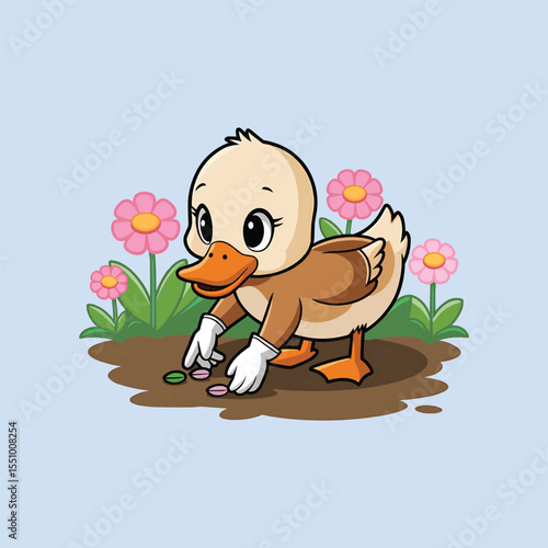 Cartoon duck planting seeds vector illustration,Generative Ai