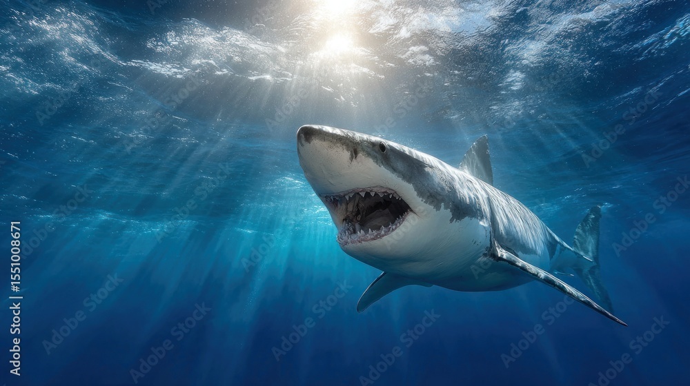Naklejka premium Dramatic Close-Up of Great White Shark Swimming Toward Sunlit Ocean Surface