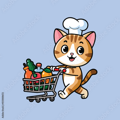 Cartoon chef cat with groceries vector illustration,Generative Ai