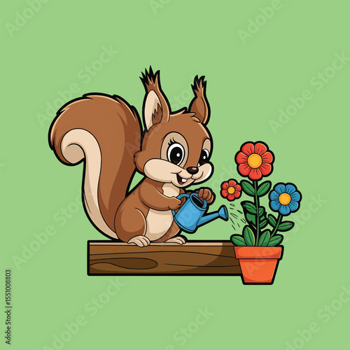 Cartoon squirrel watering potted flowers vector illustration,Generative Ai