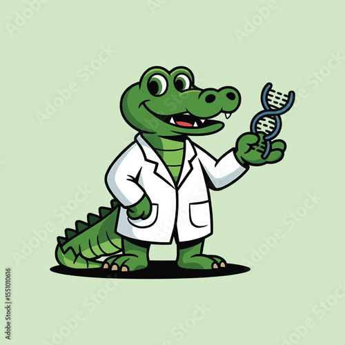 Cartoon Crocodile Scientist Holding DNA Strand and Test Tube Vector Illustration,Generative Ai