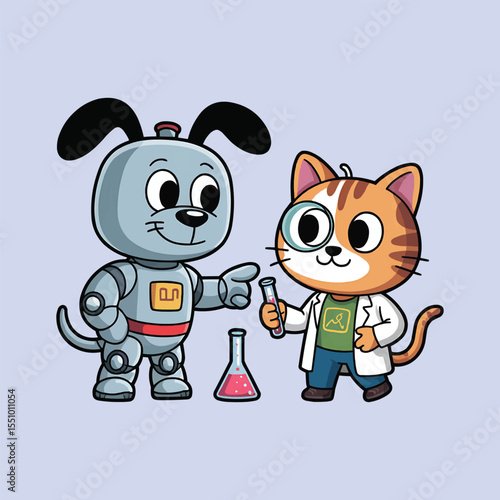 Cute Robot Dog and Cartoon Cat Scientist in Lab Experiment vector,Generative Ai