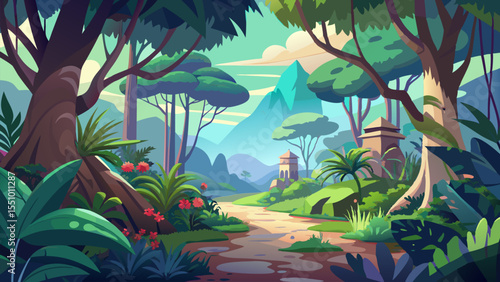 Serene Jungle Landscape. Picturesque Path to Ancient Ruins