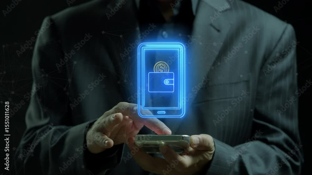 Fintech Dashboard concept, modern financial dashboard with crypto charts, banking UI, stock analytics, and mobile investment tools. Businessman shows digital wallet icon on virtual screen.