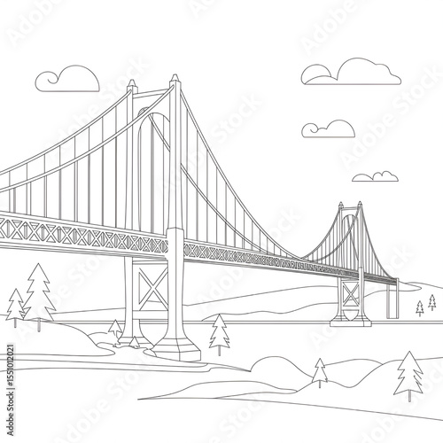 A black and white bridge illustration line art of a coloring page