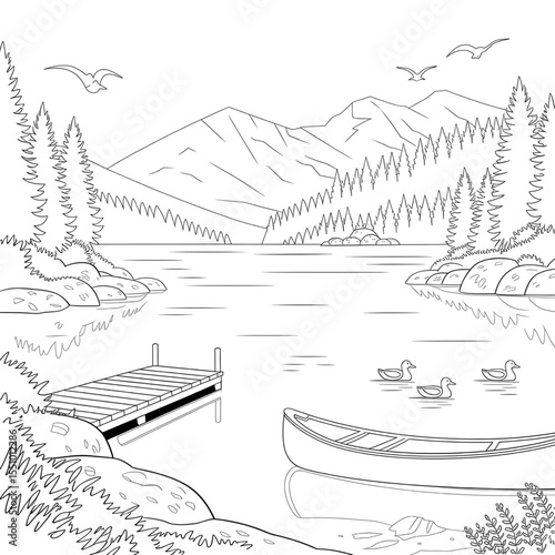A black and white lake illustration line art of a coloring page