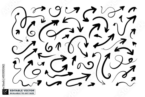 Hand drawn arrows vector set doodle style black arrow collection direction pointers design elements 100 characters