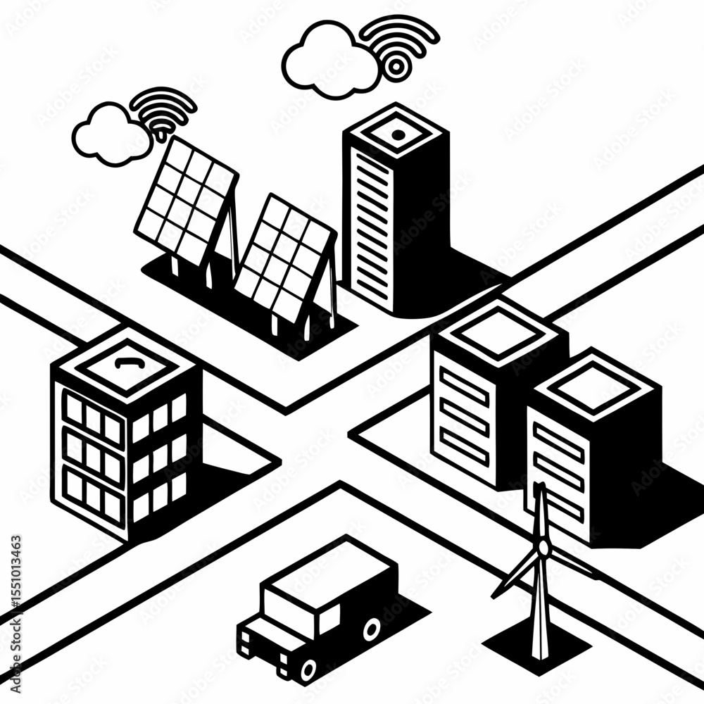 Obraz premium Futuristic Urban Infrastructure Blueprint in Isometric Style with Smart Grid and IoT Icons