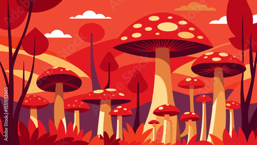 Red Mushroom Fantasy Forest. An Autumnal Nature Scene