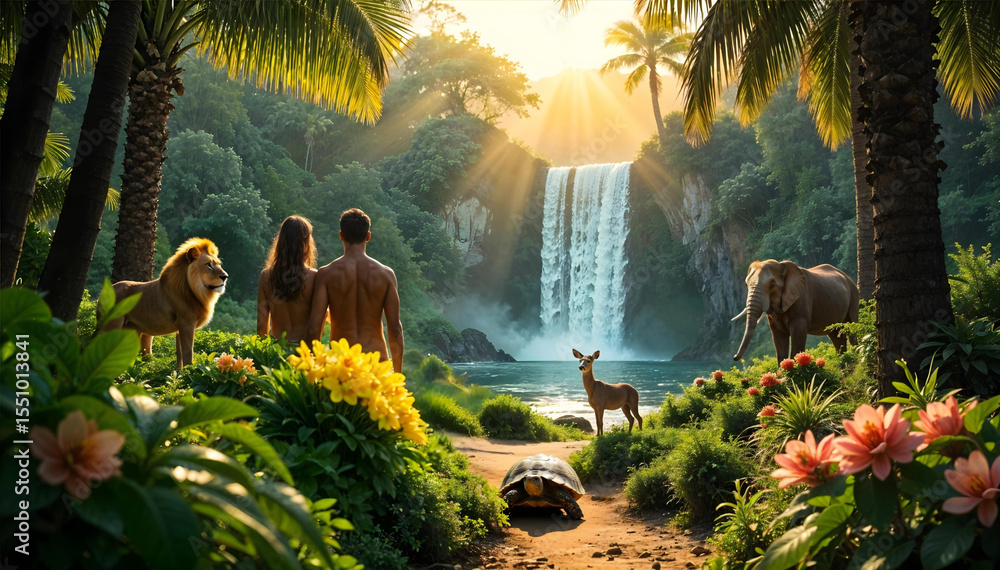 Obraz premium Adam and Eve in the Garden of Eden Before the Fall