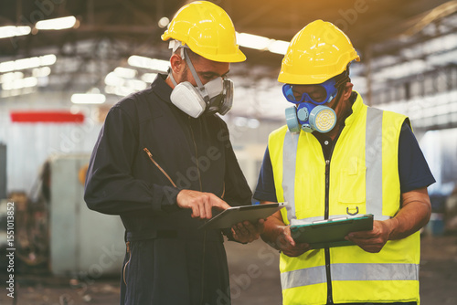 Health safe of work and safety first concept. Chemical leak and safety first concept. Group of chemical specialist wear safety uniform, gas mask inspecting chemical leak in industry factory