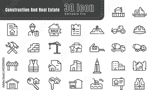 Construction and real estate line icons set.  Pixel perfect. Thin outline Editable Stroke file. The set contains icons: House, Real Estate Insurance, Real Estate Agent, House Key