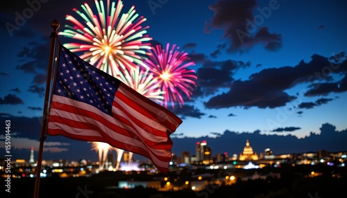 Fireworks display celebrating july 4th independence austin skyline nighttime festive atmosphere