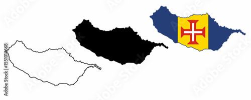 Set of Madeira Island maps in three styles: outline, black silhouette, and national flag fill. Ideal for infographics, education, editorial, tourism-related designs. Isolated on white background.