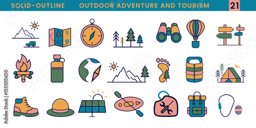 Collection of outdoor adventure and tourism icons isolated on transparent background
