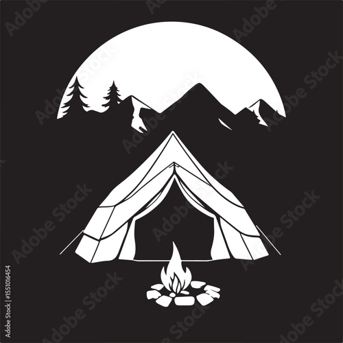 Produce a classic, black and white vector silhouette of a tranquil camping scene.  The composition includes a tent, pine trees, campfire, and mountains.