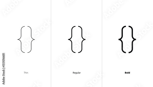 Code brackets icon set. thin, regular and bold line icons. HTML tag brackets