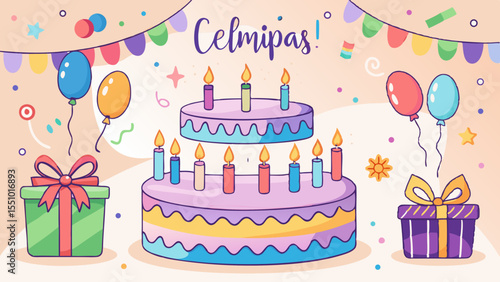 Celebrating Celmipas with a colorful two tiered cake gifts and festive balloons