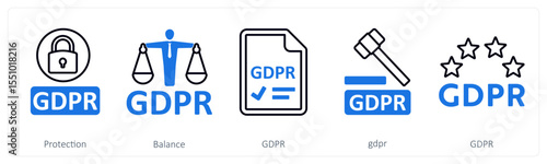 A set of 5 mix icons as protection, balance, gdpr