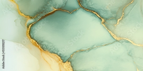 Marble ink abstract art from exquisite original painting for background, Closeup surface abstract marble pattern Green and gold marble texture background.