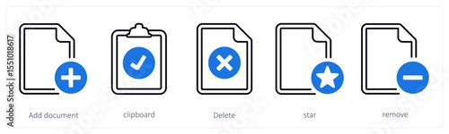 A set of 5 mix icons as add document, clipboard, delete