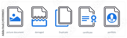 A set of 5 mix icons as picture document, damaged, duplicate