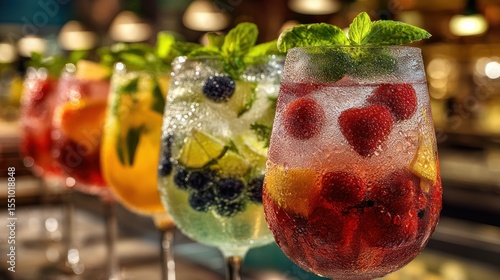 Refreshing sangria and spritz cocktails filled with ice cubes, vibrant colors of fruits and bubbles visible through clear glasses, condensation droplets on the surface