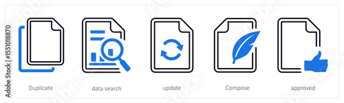 A set of 5 mix icons as duplicate, data search, update