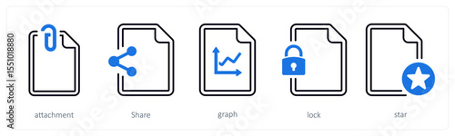A set of 5 mix icons as attachment, share, graph