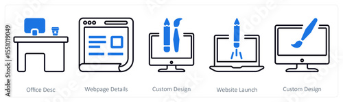A set of 5 mix icons as office desk, webpage details, custom design