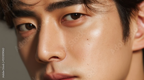 Attractive Korean man with intelligent adult beauty, graceful features, confident gaze, smooth skin, natural makeup, soft lighting, high-detail portrait style