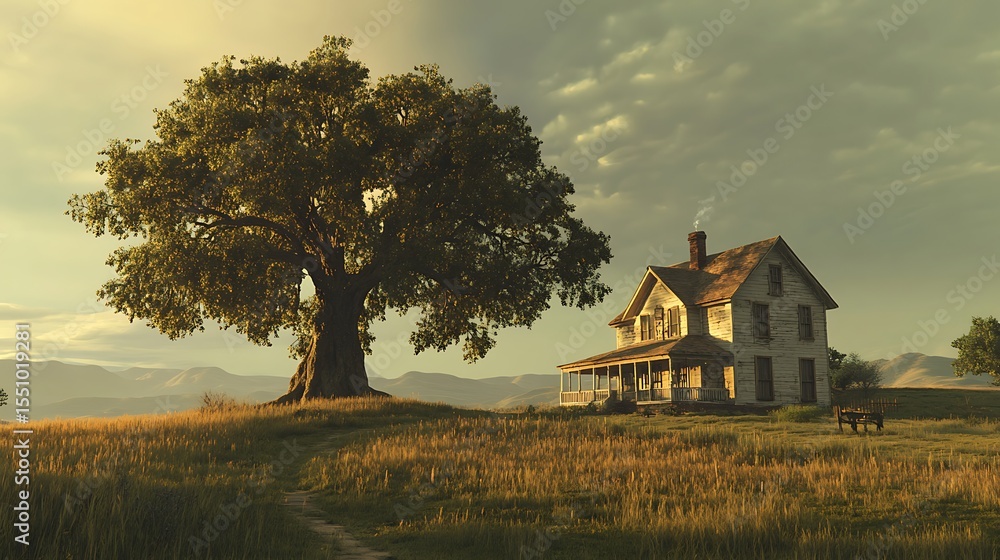 Fototapeta premium Tranquil Sunset at the Old Farmhouse