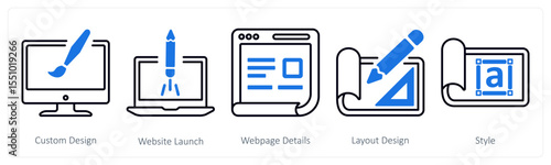 A set of 5 mix icons as custom design, website launch, webpage deatils