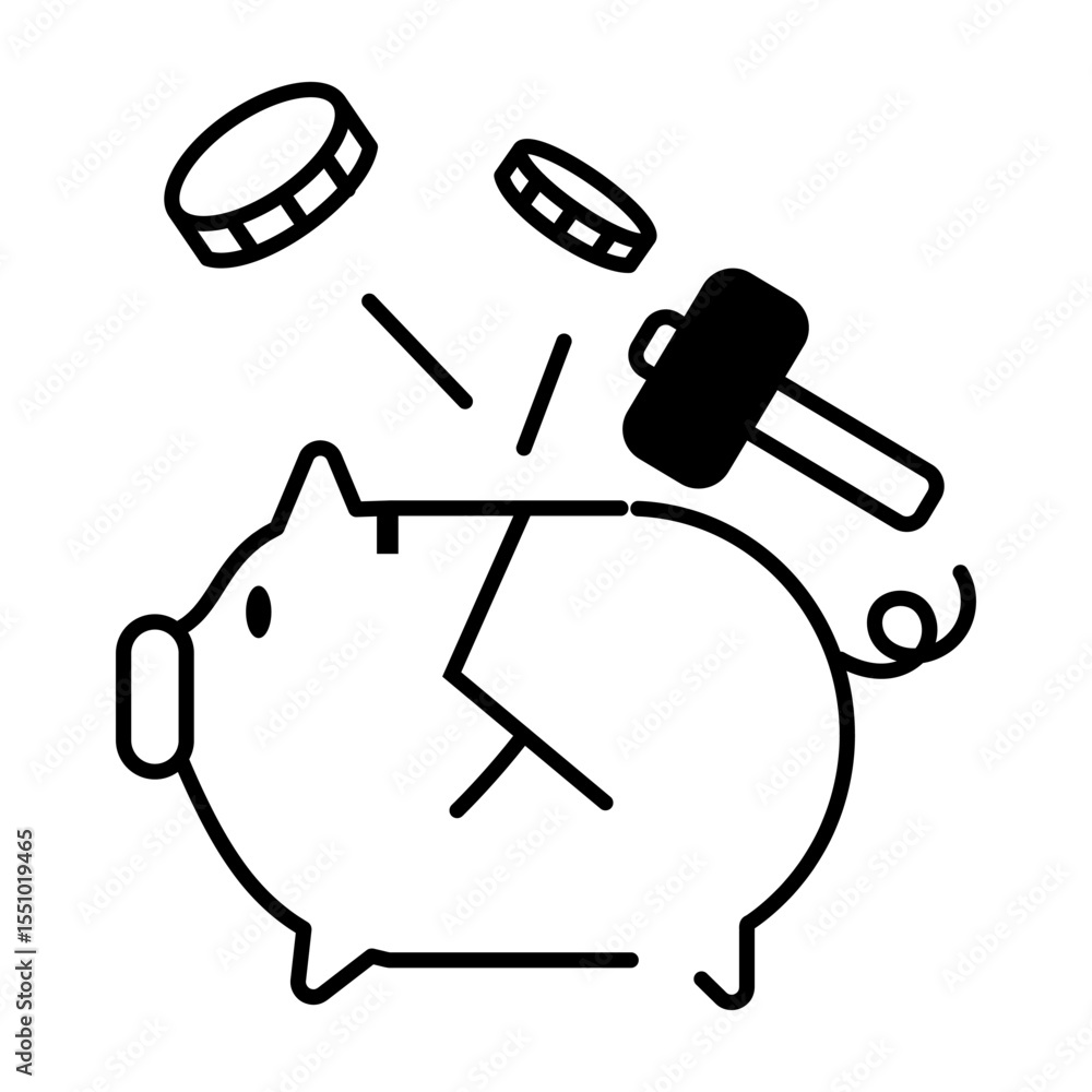 Piggy bank smashed with hammer icon