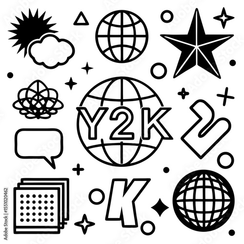 A futuristic Y2K vector shape pack featuring abstract icons, globes, glittering stars, grids and tech-inspired elements. Perfect for digital design, posters and streetwear...