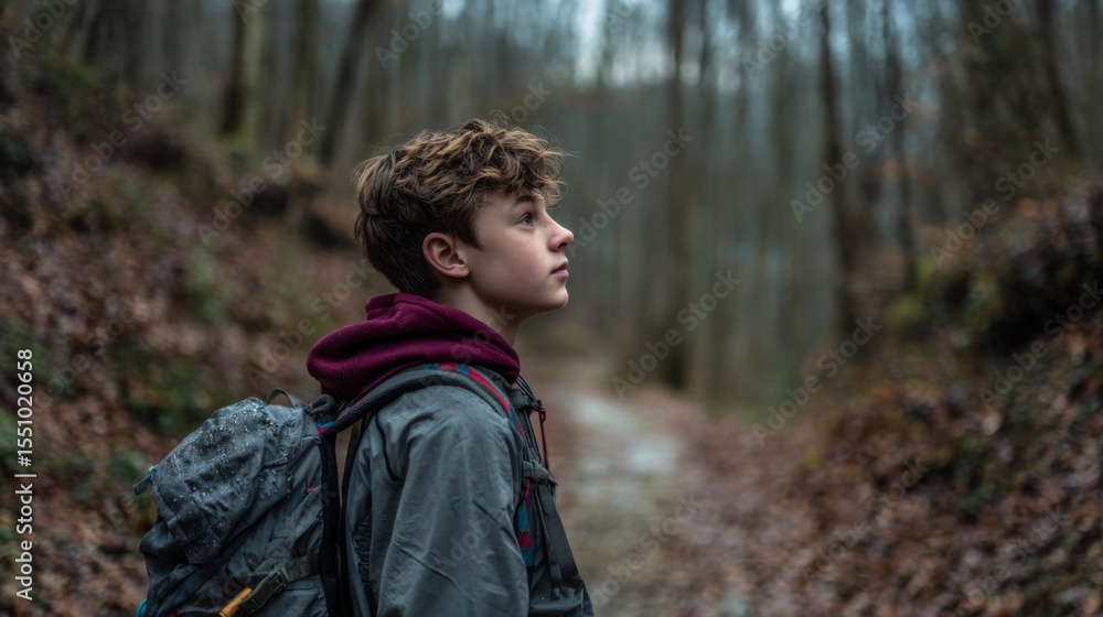 Teenager boy with backpack calmly walking on a forest path Teenager boy with backpack calmly walking on a forest path
