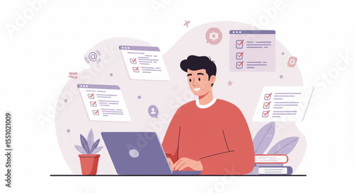 Flat vector illustration of happy young businessman using a laptop with floating digital documents and checklists around him, modern workspace background, soft pastel colors