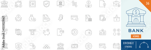 Bank icon collection set. Editable stroke.