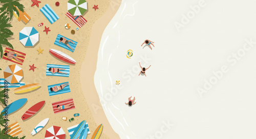 Flat lay vector illustration, Top-down view of beach scene with people sunbathing, swimming, and playing volleyball on sand, colorful umbrellas, surfboards - summertime concept, seamless pattern