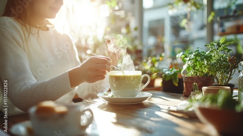 A serene scene capturing a steaming cup of coffee being stirred by a person in a cozy cafe, surrounded by lush greenery, evoking warmth and comfort.