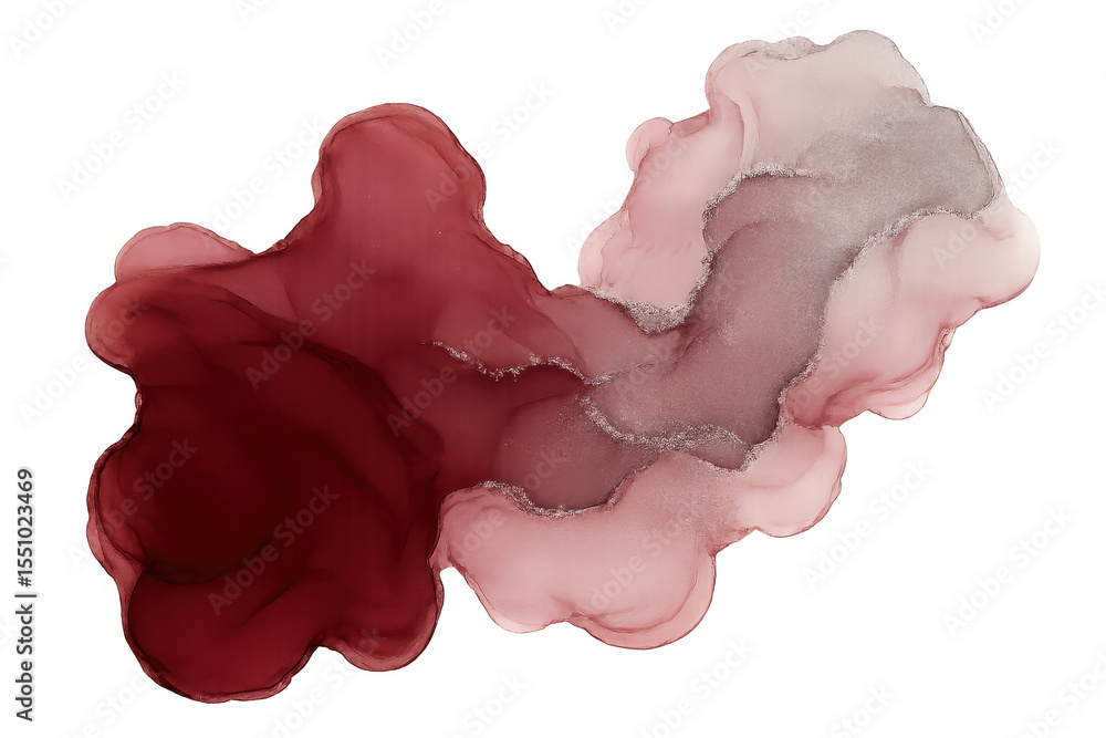 Fototapeta premium Abstract fluid art painting mixing red and pink colors with silver glitter, creating a beautiful and unique design on transparent background