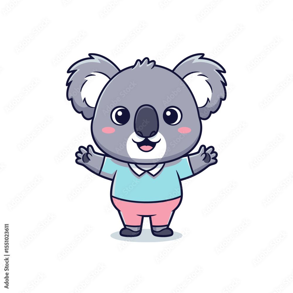 Naklejka premium Cartoon Koala Character with Blue Shirt and Pink Shorts Illustration.