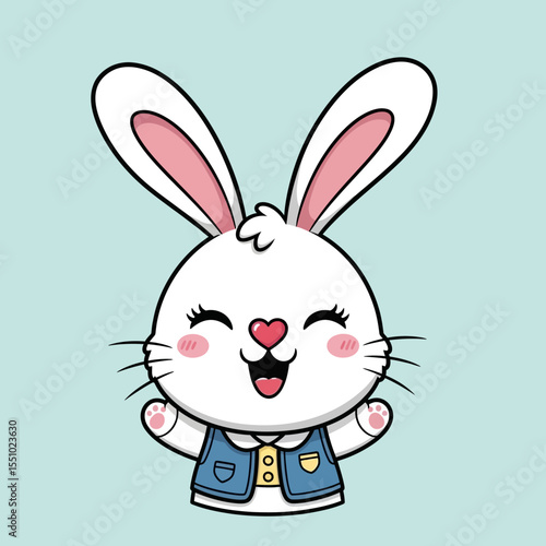 Cheerful Cartoon Rabbit with Heart Nose and Blue Vest Illustration.